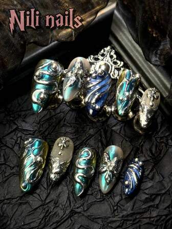 10 st/set handgjorda mandelfärgade press-on-naglar i Y2K-stil, gröna och blå kattögon-press-on-naglar, silverfärgade franska tippar, tie-dye-mönster, handritade blommor och silverfärgade geometriska mönster med stålkuldesign, heltäckande lösnaglar för kvinnor, vid olika tillfällen, vardagskläder, utmärkt present till kvinnor och flickor, lämpliga för användning på fester, musikfestivaler, med 1 gelépad och 1 nagelfil.