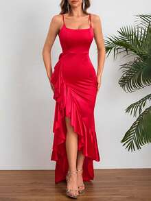 Women Summer Dress, High-End Elegant Sexy Spaghetti Strap Ruffle Hem Slit Dress Party Dress For Women, Suitable For Valentine's Day, Dates, Gatherings, Parties, Travel, Vacation, Beach Wedding Spring - 紅色 - 查看 7