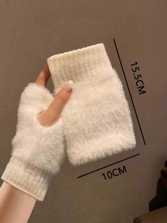 1pair Mink Fleece Soft Winter Half Finger Gloves Women Warm Luxury Solid White Plush Knitted Fingerless Gloves Wrist Mittens Writting