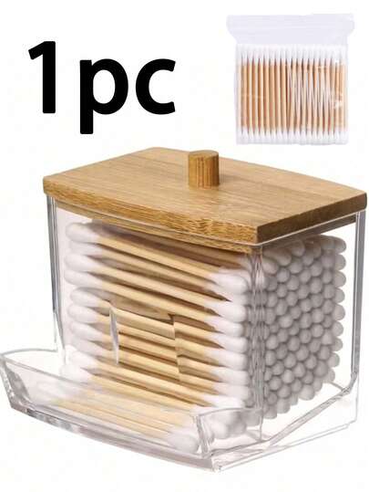 1PC Acrylic Qtip Holder With Bamboo Lid, Clear Small Swab Dispenser, Plastic Ear Stick Swabs Holder, Toothpick Storage Container, Bathroom Countertop Decorative Storage Organizer