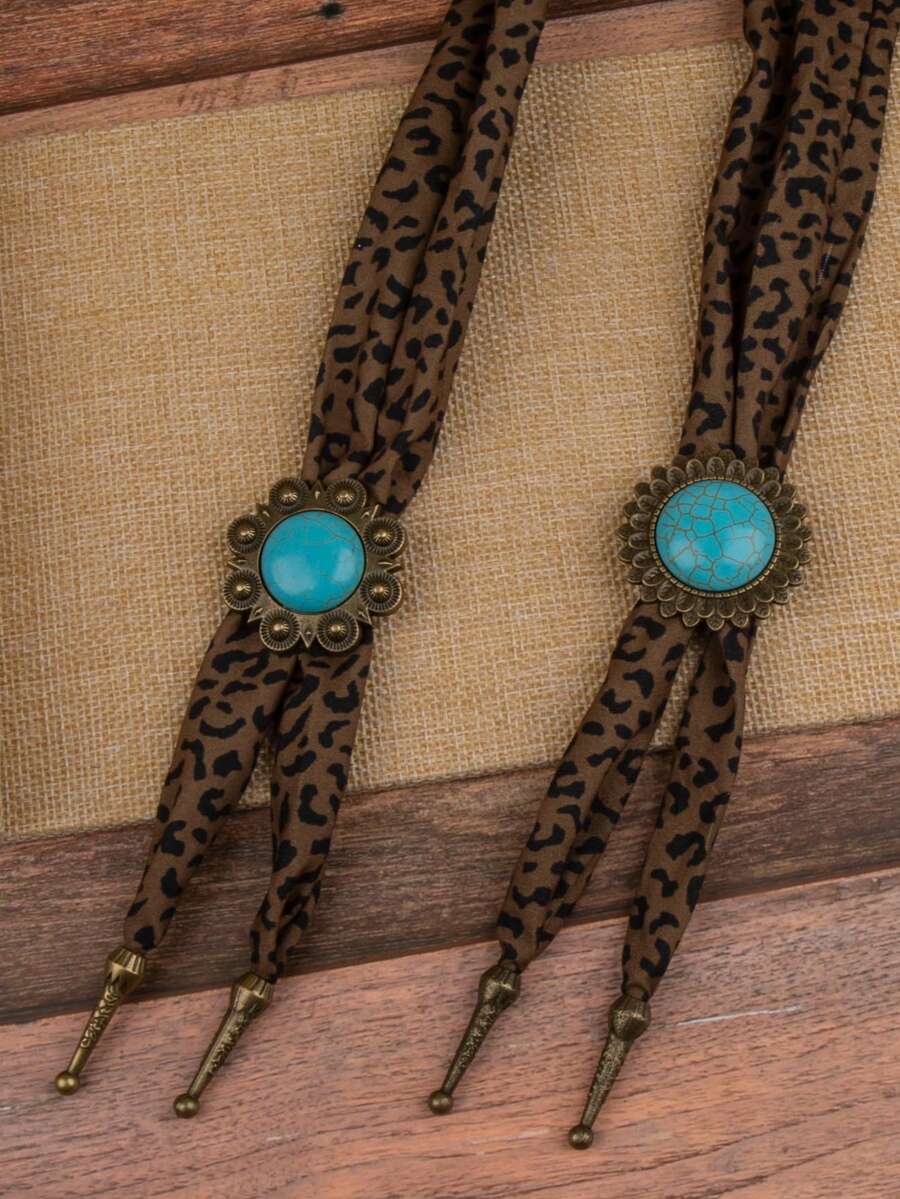 1pc Luxury Leopard Print Silk Scarf Bolo Tie Turquoise Alloy Pendant Adjustable Necklace
