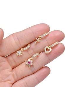 Set de 10 piezas de aros colgantes para la nariz con diseños de mariposa, corazón, luna, flor y estrella con cristales de circonia cúbica, pendientes de cartílago de tono dorado, 20G, para perforación corporal