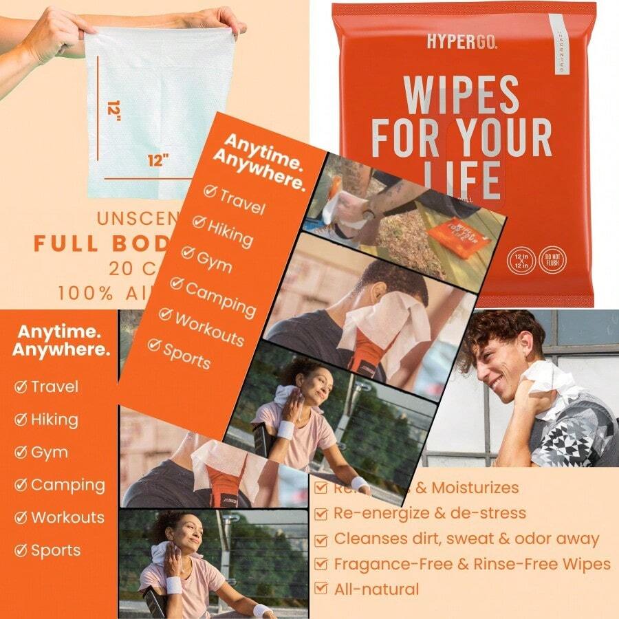 HyperGo XL Body Wipes For Women And Men 12" X12" Rinse-Free Full Body Cleansing Wipes 20 Count Pack - Unscented  Hypoallergenic Aloe-Infused Gym Festival Camping Essentials - 無香型 - 查看 1