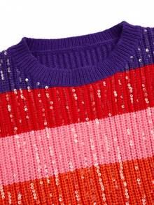 GLOURI Women's Rainbow Sequin Sweater - Color Block Striped Pullover With Long Sleeve Crew Neck | Oversized Glitter Knit Top For Christmas, Music Festival & Street Style (Fall Winter Essential) - Cầu vồng - Xem 6