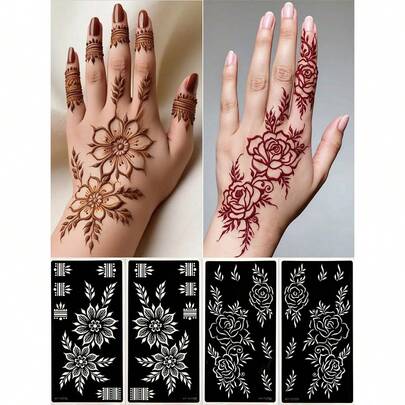 4 Sheets Temporary Tattoo Stencils Set, Reusable Floral Design Body Art Templates For Women Body Makeup Mehndi Designs