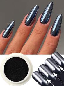 1盒铬黑色指甲粉，金色金属摩擦粉颜料，镜面美甲闪粉化妆配件，Y2K美甲装饰（含1支刷子） - 黑色 - 查看 3