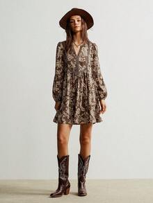 Rusttydustty 大码条纹蕾丝V领休闲长袖咖啡色连衣裙，适合波西米亚风海滩装扮、音乐节和热带度假，优雅春季之选 - 棕色 - 查看 4