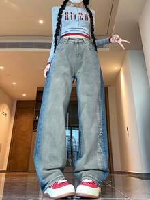 Quần jeans ống đứng cạp cao dáng rộng cho nữ, thiết kế chắp vá, dài đến mắt cá chân - Màu xanh lam - Xem 9