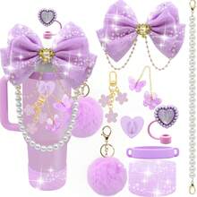 闪亮杯子配件，适用于 30 盎司 40 盎司 20 盎司带手柄的杯子，包括蝴蝶结吸管顶盖、吸管蝴蝶结装饰、皮革水瓶手柄带、靴子