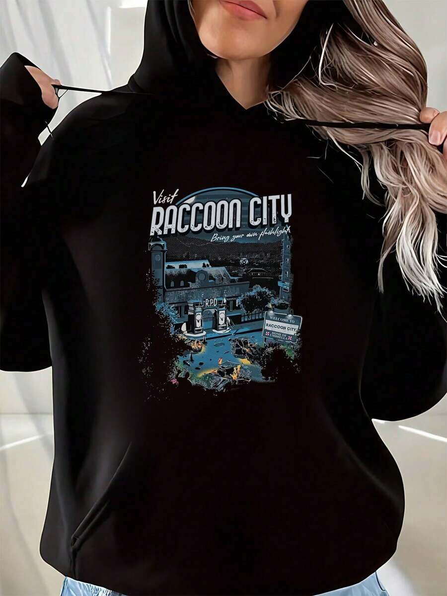 Vintage Raccoon City Design On Black Shirt Round Neck Short Sleeve Hooded Sweatshirt Women's And Men's Patterned Sweatshirts - màu đen - Xem 1