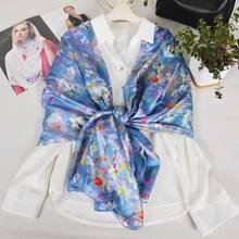 100% Mulberry Silk Scarf For Women Lightweight Long Scarves Beach Wraps Cover Up -Travel Photography Scarfhalloween - Blue Pink Floral - 查看 8