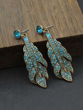 复古中国风奢华流苏耳环，原创设计水钻羽毛耳钉，女士适用