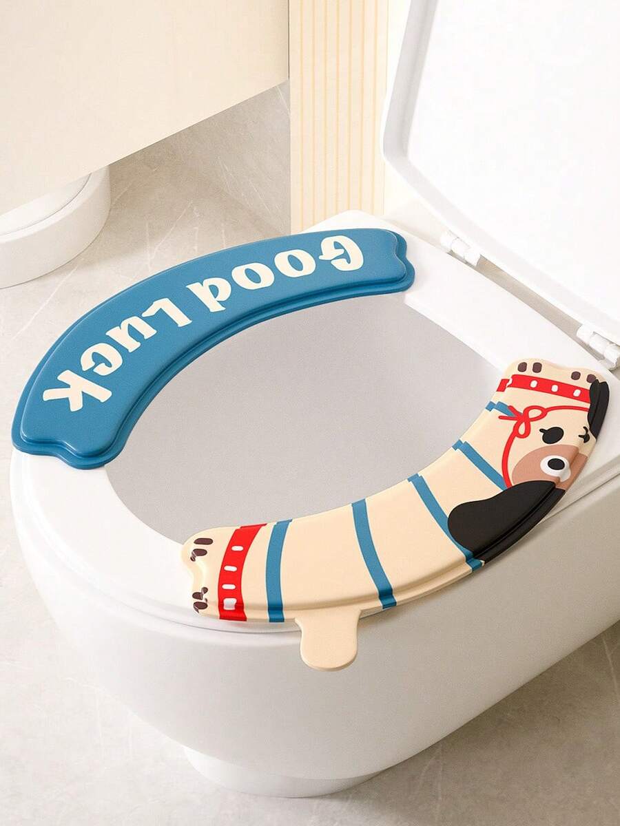 2pcs EVA Waterproof Toilet Seat Cover, Cartoon Print, Adhesive, Washable, For Home Bathroom Use, Winter - Multicolor - View 1
