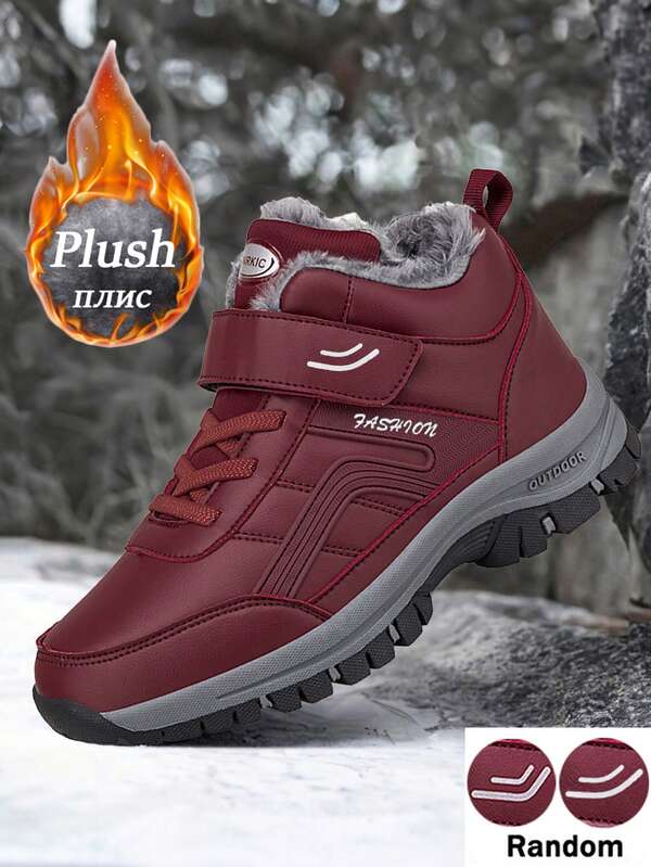 Winter Plush Lined Snow Boots For Dad And Mom, Soft Fur Lining Shoes For Elderly Women, Warm Walking Shoes, Non-Slip Sports Shoes For Women In Black And Red, Comfortable, Lightweight, Shock-Absorbing, Shoelaces, Suitable For Daily Wear, Walking, Outdoor Hiking, Climbing, And Snow Trekking In Cold Winter Weather (Random Hook And Loop Pattern)