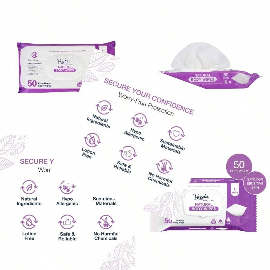 Veeda Natural Cotton Body Wipes For Adults - 50 Count Hypoallergenic And PH Balanced Wet Wipe - Unscented Personal Cleansing Wipe  For Sensitive Skin Plant Based Soft Wipes - 50個 - 查看 1