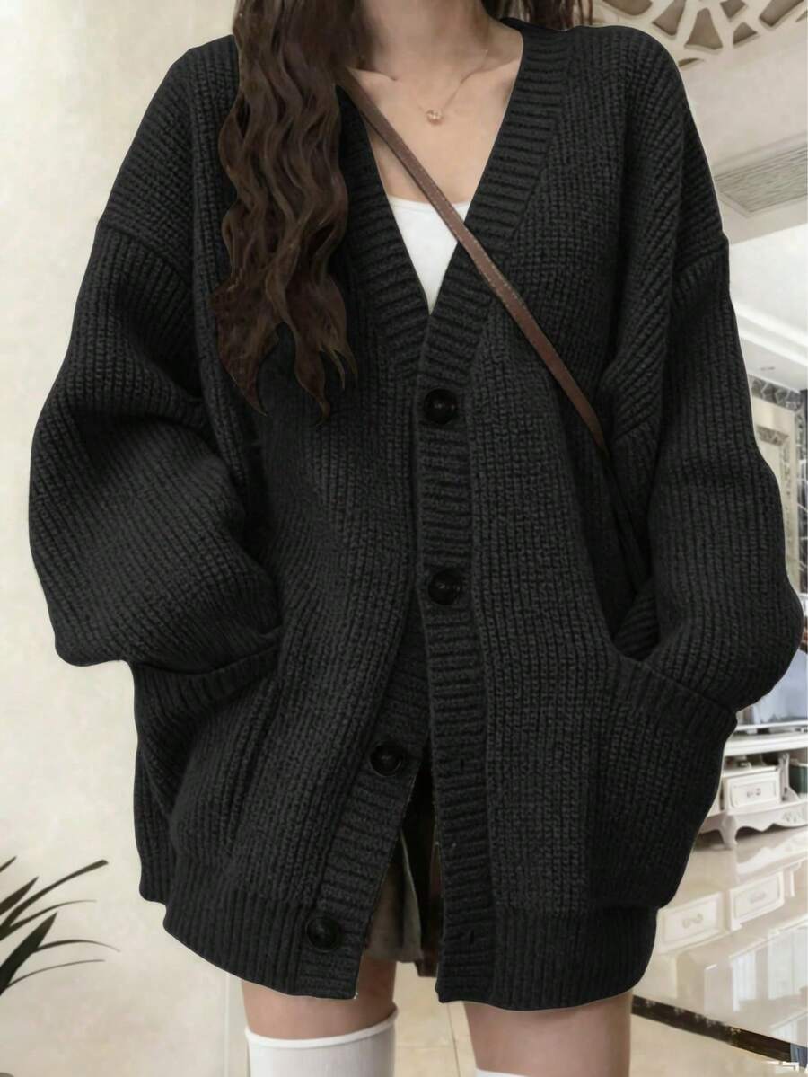 Women's Fashionable & Elegant Knitted Cardigan Sweater, Autumn/Winter - Black - View 1