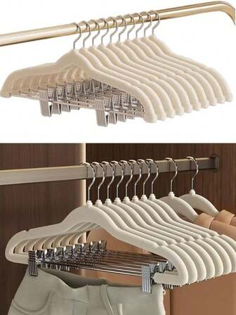 Velvet Hanger Set Of 4, Black Plush Fabric With Adjustable Clips, Suitable For Short Pants And Trousers, Skirts And Shorts As Slender Hangers. (Creamy White)