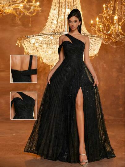 Smilprince Elegant Black One-Shoulder Sequin Gown With High Slit, Floor-Length Formal Evening Dress, Women's Prom Dress