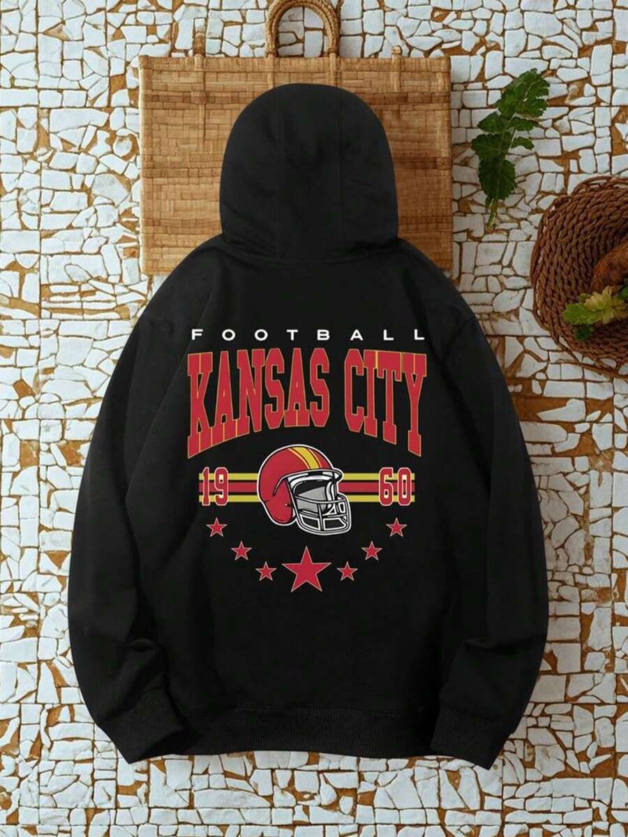 Intage 90s All Team Football Cotton Hoodie - Long Sleeve, Knit Fabric, Relaxed Fit, Full Size, Fashionable Graphic Print, Perfect For Casual Outings And Daily Wear,Fall Hoodies,Men's Fall Clothes,Street Wear,Halloween,Mens Hoodies,Y2k Clothes,Jesus Hoodie,Thanksgiving Day,Nightmare Before Christmas,Christmas - Black - View 1