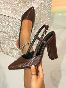 1 par de zapatos de tacón alto elegantes de unicolor de poliéster, con tacones gruesos y calados, adecuados para uso en exteriores en todas las estaciones