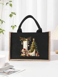 Men's Casual Tote Bag, Large Capacity Shopping Bag, Linen Beach Tote Bag Christmas Theme 26 Letter Print Commuter Tote Bag Yellow Linen Tote Bag, Shopping Bag With Gold Letter And Flower Print, Large Capacity Reusable Shopping Bag Laptop Bag Christmas Bags