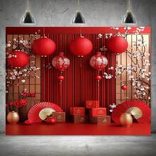 1pc Chinese New Year Party Backdrop, 100% Polyester Red Lantern Decor, Suitable For Weddings And General Celebrations, No Electricity Required - 1PCS - View 2