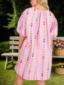 Tulip Print Pleated Lotus Silk A-Line Dress For Women, Summer A-Line Puff Sleeve Short Skirt, Age-Reducing Casual Lazy Style Vacation Commuting Two-Wear Mini Skirt - 粉色 - 查看 2