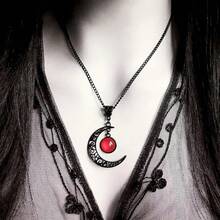 Rrdaily Gothic Moon Crystal Necklace Punk Style Moon Pendant Necklaces Vintage Black Crescent Necklace Dark Gothic Necklaces Costume Jewelry New Year Jewelry For Women{Inchcolor_nameinch:InchRedinch} - Red - 查看 3