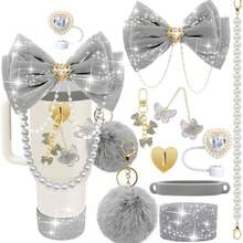 闪亮杯子配件，适用于 30 盎司 40 盎司 20 盎司带手柄的杯子，包括蝴蝶结吸管顶盖、吸管蝴蝶结装饰、皮革水瓶手柄带、靴子