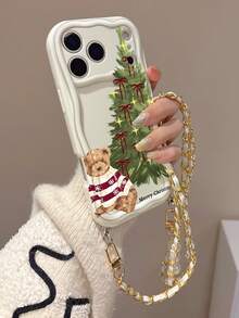 Christmas Tree Toy Bear Pattern Liquid Silicone Mobile Phone Case Full-Body Protection Shockproof Anti-Fall TPU Soft Rubber Case Paired With White Faux Leather Pearl Lanyard Compatible With IPhone, Compatible With Samsung Galaxy