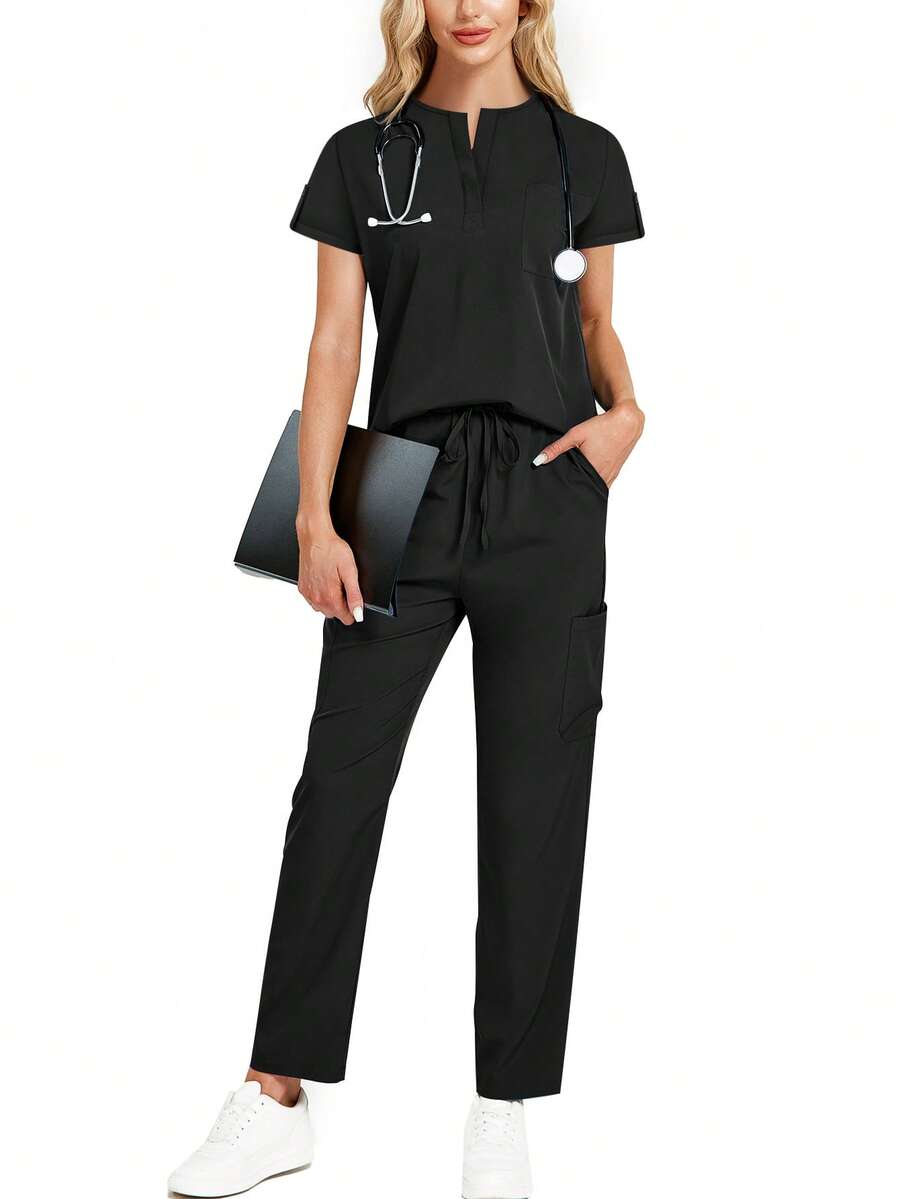 cimmuovere Women's Round Neck Short Sleeve Loose Elastic Waist Pants Scrubs Nurse Scrubs Workwear Dentist Healthcare Pet Hospital Laboratory Uniform Set - 黑色 - 查看 1