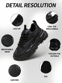 秋冬女式运动前厚底运动鞋，双色图案系带厚底鞋，黑色，轻便透气，舒适户外运动鞋 - 黑色 - 查看 6