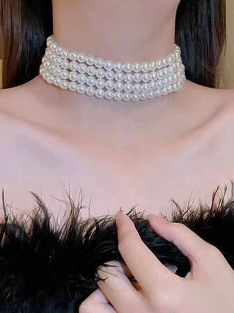 1 件多层珍珠和串珠项链，波西米亚风复古银饰项链，百搭海滩风格，适合女性