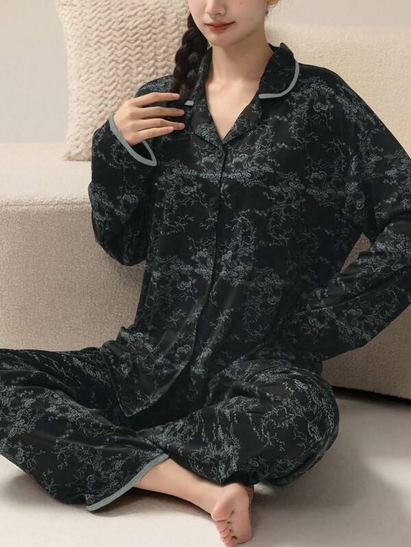 2pcs Women Pajama Set, Floral Print Lapel Cardigan Sleepwear, Long Sleeve Top And Comfortable Polyester Pants, Suitable For Home Leisure In Spring, Autumn And Winter, Fall Clothes