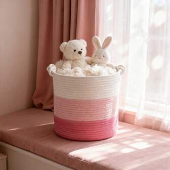 Inwagui ウーブンロープ ランドリーバスケット ピンクグラデーション ストレージオーガナイザー ブランケットバスケット 衣類ハンパー 保育園おもちゃビン、ソフトな彫刻ロープ風、折りたたみ持ち手付き、軽量コンパクト設計、ホームオーガナイゼーション、装飾的なボヘミアンコースタルアクセント リビング、寝室、バスルーム、クローゼット、玄関、ベビールーム、ギフト用ホリデー&季節のホームデコレーション、手入れ簡単な日常使い、多目的ストレージソリューション、省スペースオーガナイザー、12 X 12インチ