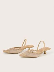 Women's Rhinestone Decor Kitten Heel, Pointed Toe Hollow Slip-On Sandals, Fashionable & Elegant For Party And Formal Dress Low Heels - Apricot - View 2