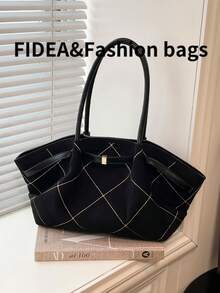 1 pieza Bolso de mano de gran capacidad para mujer, de cuero de PU de color rojo burdeos, con decoración de cinturón, material de PU, bolso de hombro tipo tote, estilo retro minimalista y elegante, adecuado para compras, ir al trabajo y uso diario de las mujeres - Negro - Ver 8