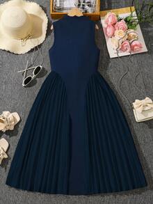 Left Mama 女童优雅立领无袖百褶连衣裙，夏季 - 藏蓝色 - 查看 2