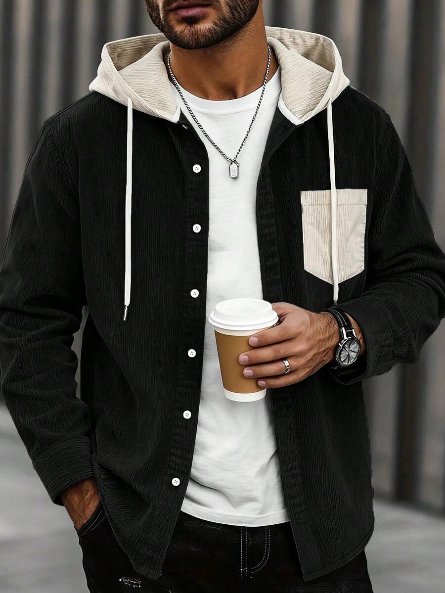 Men's Colorblock Corduroy Long Sleeve Hooded Jacket, For Fall - Black - View 1