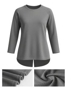 Women's Solid Color Round Neck Raglan Sleeve Open Hem Sports T-Shirt - Dark Grey - View 6