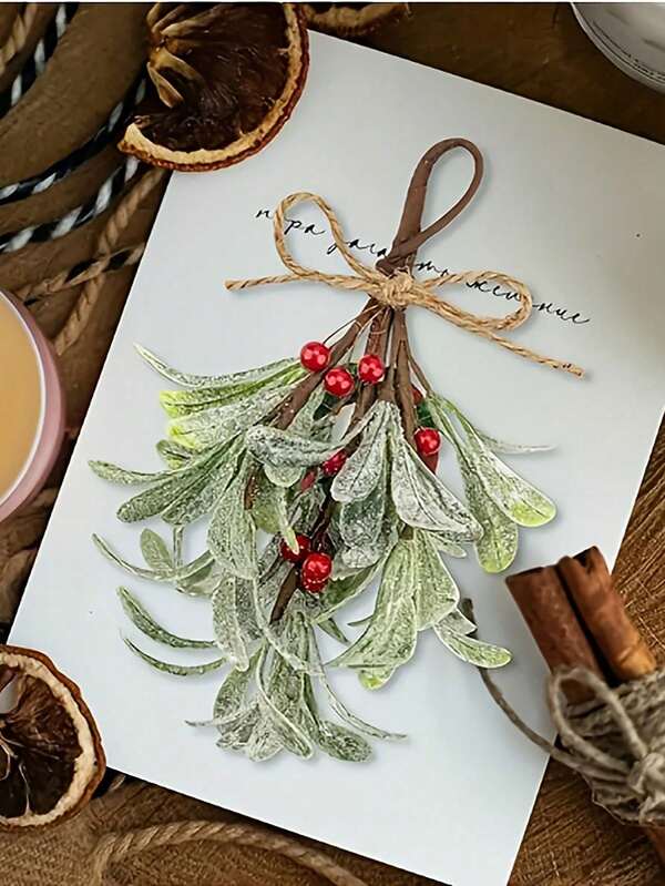 Conjunto de 2 peças de decoração de visco natalino, enfeites artificiais de visco para pendurar, decoração de visco com efeito de geada, visco artificial para pendurar, galhos artificiais de visco, enfeite de visco natalino com laço branco, visco com glitter para pendurar, ideal para decoração de festas em casa, para árvore, lareira, parede, porta, janela, presente de festa, decoração para casa, 1 peça
