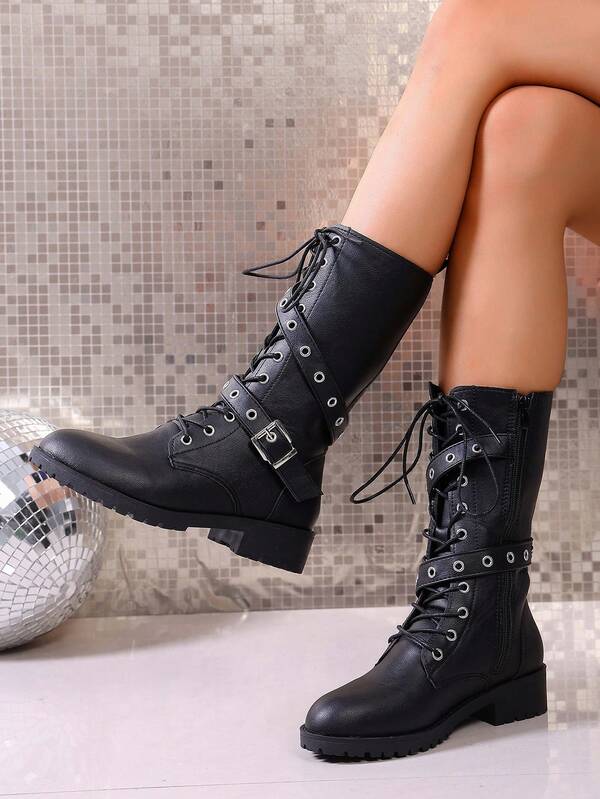 Women's Fashion Sexy Outdoor Casual Zipper Boots, Western Style Lace-Up Metal Eyelets