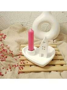 2pcs/Set DIY Semi-3D Heart Shaped Candle Holder Silicone Mold, Heart House Crystal Epoxy Resin Wax Candle Holder Plaster Mold - White - View 7