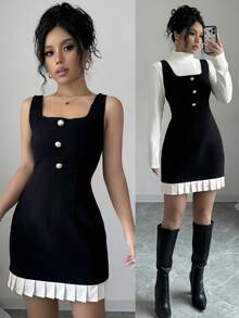 GOODAA  Vestido informal con botones delanteros, tirantes anchos y parchwork en blanco y negro para mujer - Negro - Ver 3