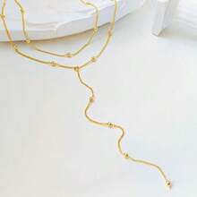 Luxval Lariat Gold Necklace For Women, Dainty Long Necklace 14k Gold Plated/Silver Y-Shaped Pendant Necklaces  Beaded Chain Drop Necklaces Jewelry For Women Gifts{"Color_name":"Gold-YLayeredBeadNecklace"} - 金色-Y形多層珠項鍊 - 查看 7