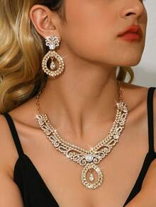 Juego de joyería de 4 piezas, lujoso y elegante, con cristales, que incluye aretes, collar, accesorio para el cabello, adecuado para novia de Dubái, fiesta de boda - conjunto de joyas - Ver 11