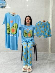 Conjunto de pijama de 4 piezas para mujer Conjunto de pijama de 4 piezas para mujer - azul real - Ver 1