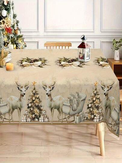 1pc Vintage Christmas Tablecloth, Santa Claus Deer Tree Bow Throw Design, Durable Polyester Tablecloth - Ideal For Christmas, Winter And Farmhouse Decor, Perfect For Indoor/Outdoor Parties And Home Decoration