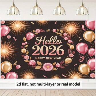 2D平面单件装2026新年庆祝横幅，带气球和烟花图案 - 金色和粉色“新年快乐”墙面装饰，涤纶纤维派对背景布，无需用电，适用于家庭、办公室、派对装饰