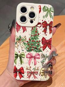 1pc Minimalist Personalized Christmas Tree Bow Pattern Milky White Pupil Full Coverage Anti-Fall Anti-Fingerprint Phone Case, Compatible With IPhone 16/16Pro/16Plus/15/15ProMax/15Pro/11/12/13/14ProMax/11Pro/11ProMax/12Pro/12ProMax/13Pro/13ProMax/14Pro/14ProMax, Soft Shell, High-End Creative - Antique White - View 2